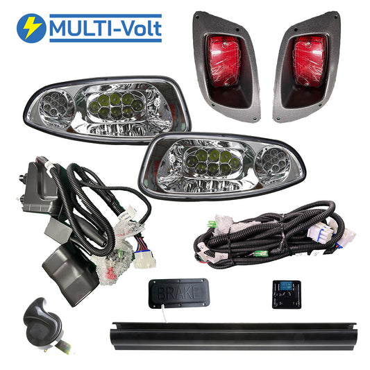 Multi-Volt LED EZ-GO RXV Deluxe Street Legal golf cart light kit, featuring brake pad, deluxe turn signal assembly, and hi / low beam function, with hazards and brake timer delay, compatible with model year 2016 through 2021 RXV electric or gas, for sale near Hutchinson, Kansas.