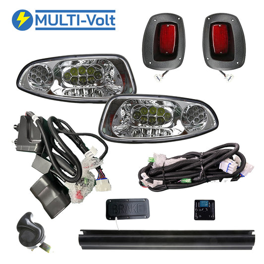 Multi-Volt LED EZ-GO RXV Deluxe Street Legal golf cart light kit, featuring brake pad, deluxe turn signal assembly, and hi / low beam function, with hazards and brake timer delay, compatible with model year 2008 through 2015 RXV electric or gas, for sale near Hutchinson, Kansas.