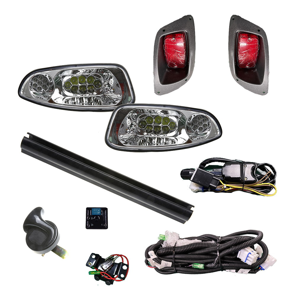 Components of deluxe street legal RXV LED light kit, including horn, brake switch, brake timer relay, wiring harness, turn signals, and brake lights.