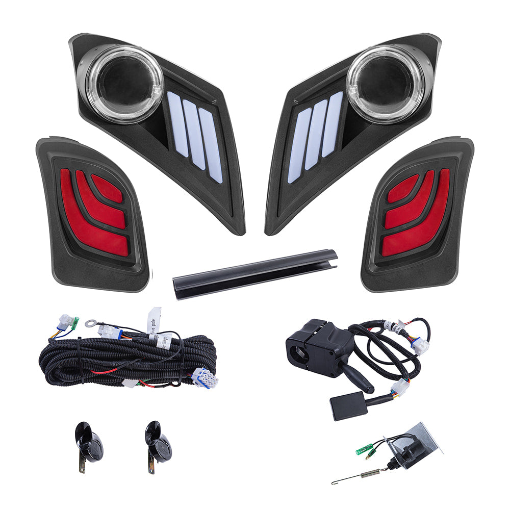 Street legal golf cart light kit for Yamaha Drive2 gas or electric models, featuring horn, turn signals, projector hi/low headlights, and brake lights.