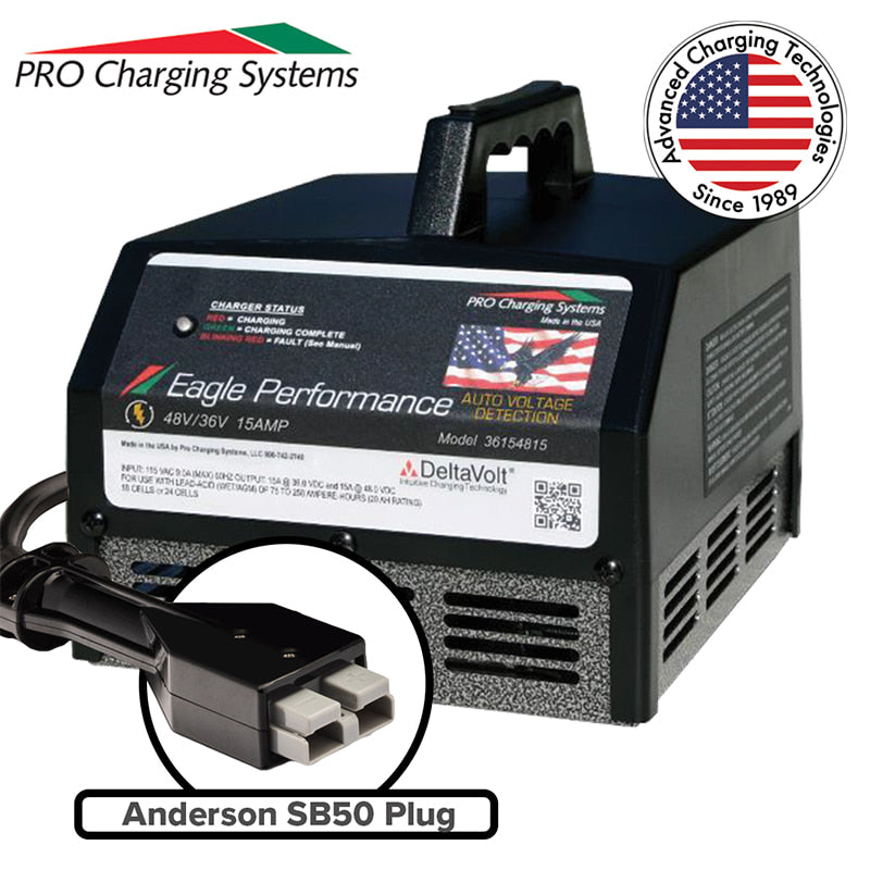 EZGO Marathon golf cart charger with intelligent charging system and SB-50 plug for older 36-volt golf cart applications, with free shipping.