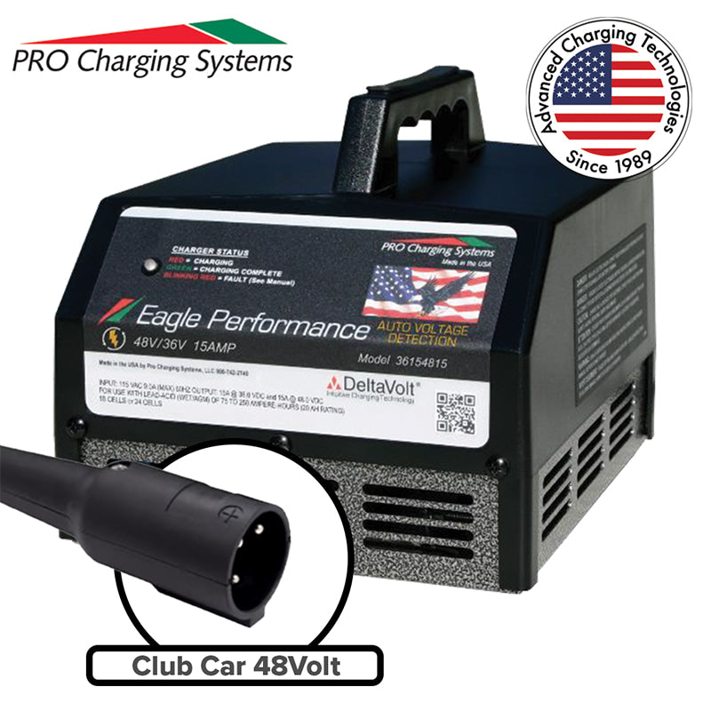 Eagle Performance i36154815 golf cart 15 amp smart charger designed for wet cell, lead acid, and AGM batteries in Club Car 48 volt model golf carts (without OBC), including charging cable and 2-year manufacturer's warranty.