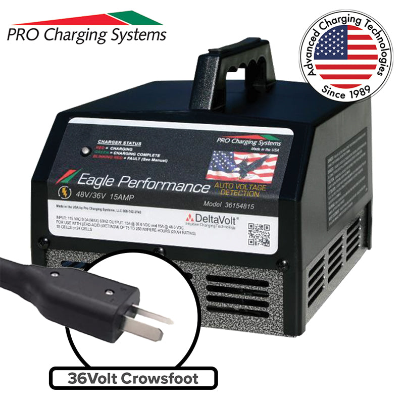 Eagle Performance i36154815 golf cart 15 amp smart charger designed for wet cell, lead acid, and AGM batteries in golf carts that use a 2-blade 36 volt Crowsfoot connection, including charging cable and 2-year manufacturer's warranty.