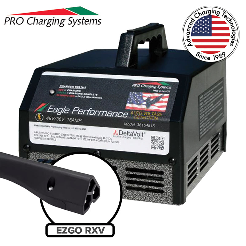 Eagle Performance i36154815 golf cart 15 amp smart charger designed for wet cell, lead acid, and AGM batteries in EZ-GO RXV 48 volt model golf carts, including charging cable and 2-year manufacturer's warranty, made in the USA.