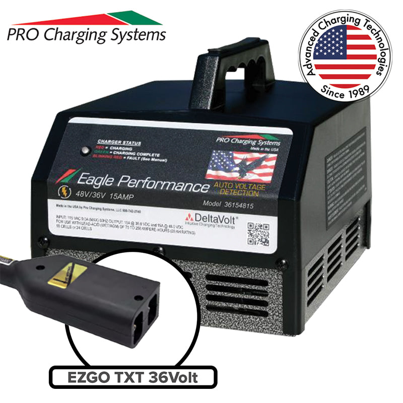 Eagle Performance i36154815 golf cart 15 amp smart charger designed for wet cell, lead acid, and AGM batteries in EZ-GO TXT 36 volt model golf carts, including charging cable and 2-year manufacturer's warranty.