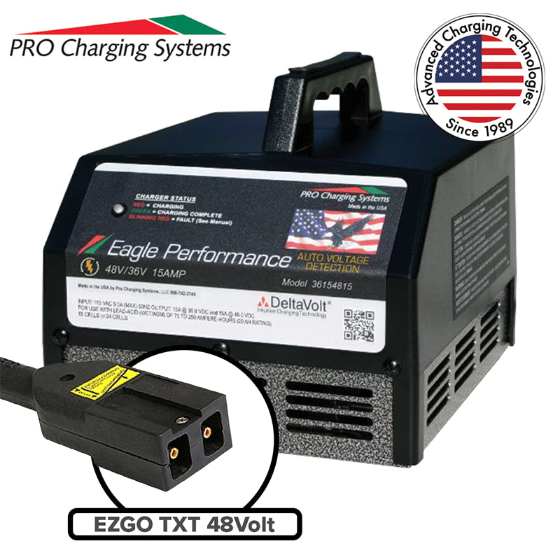 Eagle Performance i36154815 golf cart 15 amp smart charger designed for wet cell, lead acid, and AGM batteries in EZ-GO TXT 48 volt model golf carts, including charging cable and 2-year manufacturer's warranty, made in the USA.