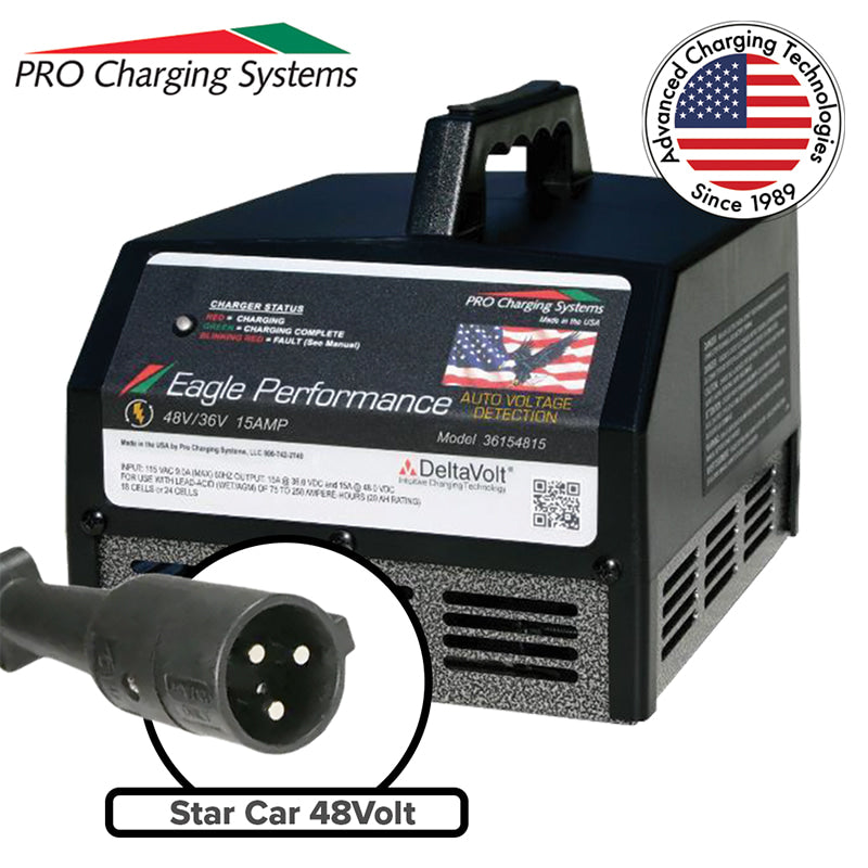 Eagle Performance i36154815 golf cart 15 amp smart charger designed for wet cell, lead acid, and AGM batteries in Star Car 48 volt model golf carts, including charging cable and 2-year manufacturer's warranty.