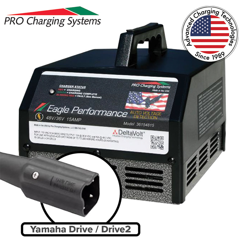Eagle Performance i36154815 golf cart 15 amp smart charger designed for wet cell, lead acid, and AGM batteries in Yamaha Drive G29 and Drive2 48 volt model golf carts, including charging cable and 2-year manufacturer's warranty, made in the USA.