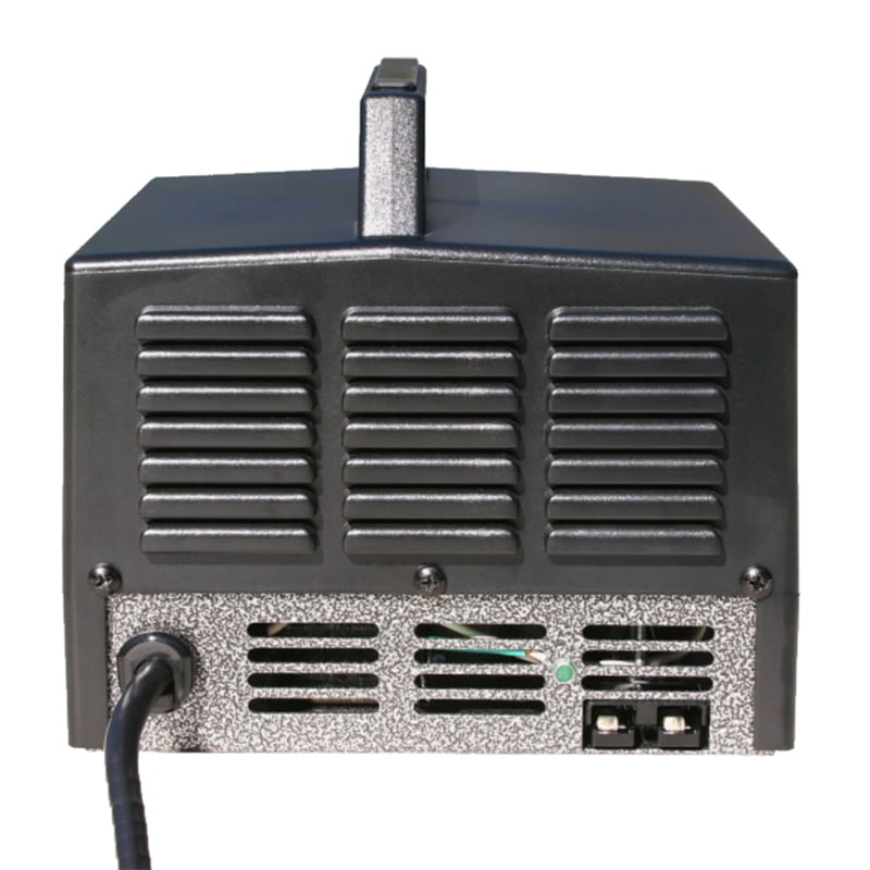View of the backside of the Eagle Performance series 15amp auto voltage detecting golf cart battery charger, displaying the louvered cooling vents and built-in integrated SB-50 connector that allows for interchangeable charging cords for a variety of golf cart applications, 36 through 48 volts auto-sensing.