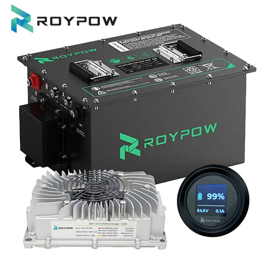 RoyPow lithium battery bundle kit designed for Club Car Precedent, Tempo, and Onward models, years 2008.5 and newer, with 48-vol 105 amp hour power and advanced technology, including high power charger, bluetooth state of charge, and 5-year warranty, all with free shipping from Salt City Golf Cart, battery #S51105L.