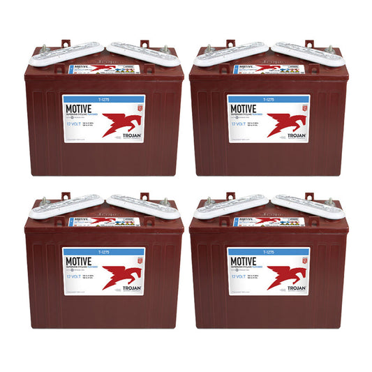 Set of 4 Trojan T1275 12-Volt lead acid golf cart batteries designed for 48-Volt golf carts and electric vehicles, for sale near Hutchinson, Kansas by Salt City Golf Cart.