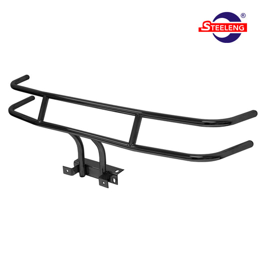 Black powder coated durable front Club Car DS brush guard, featuring durable construction, 2-year factory warranty, and offered with free shipping by Salt City Golf Cart, Item #BGDS02.