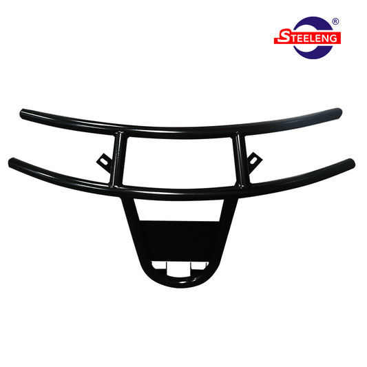 Black powder coated durable front EZGO RXV brush guard, featuring durable construction, 2-year factory warranty, and offered with free shipping by Salt City Golf Cart, Item #BGRX01.