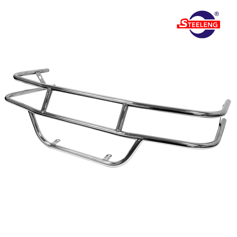 Polished stainless steel SS front EZGO TXT brush guard, featuring durable construction, 2-year factory warranty, and offered with free shipping by Salt City Golf Cart, Item #BGTX02.