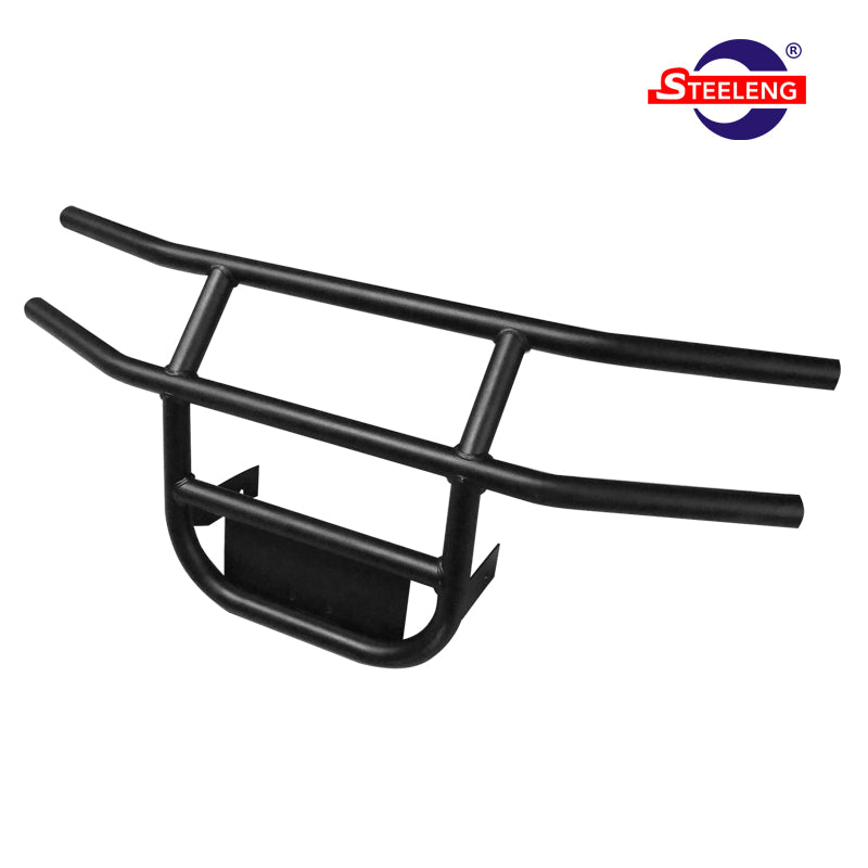 Black powder coated durable front Yamaha G14, G16, and G19 brush guard, featuring durable construction, 2-year factory warranty, and offered with free shipping by Salt City Golf Cart, Item #BGYM01.