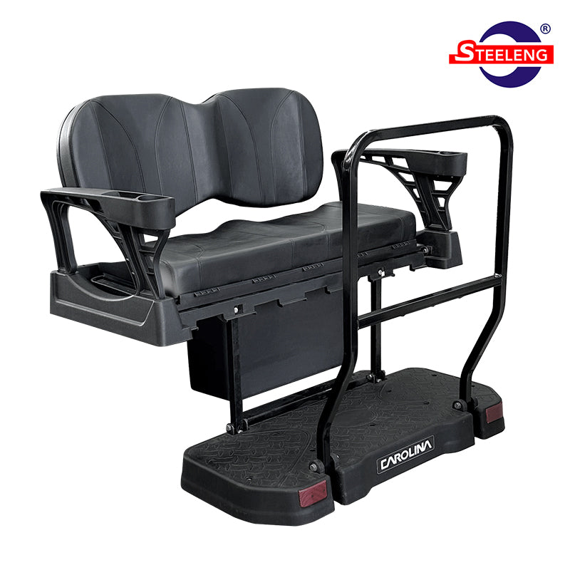 SGC Carolina premium composite rear flip seat kit designed for Yamaha, Club Car, and EZ-GO golf carts with black colored cushions, including folding seat, large rear grab bar, and free shipping, sold by Salt City Golf Cart.