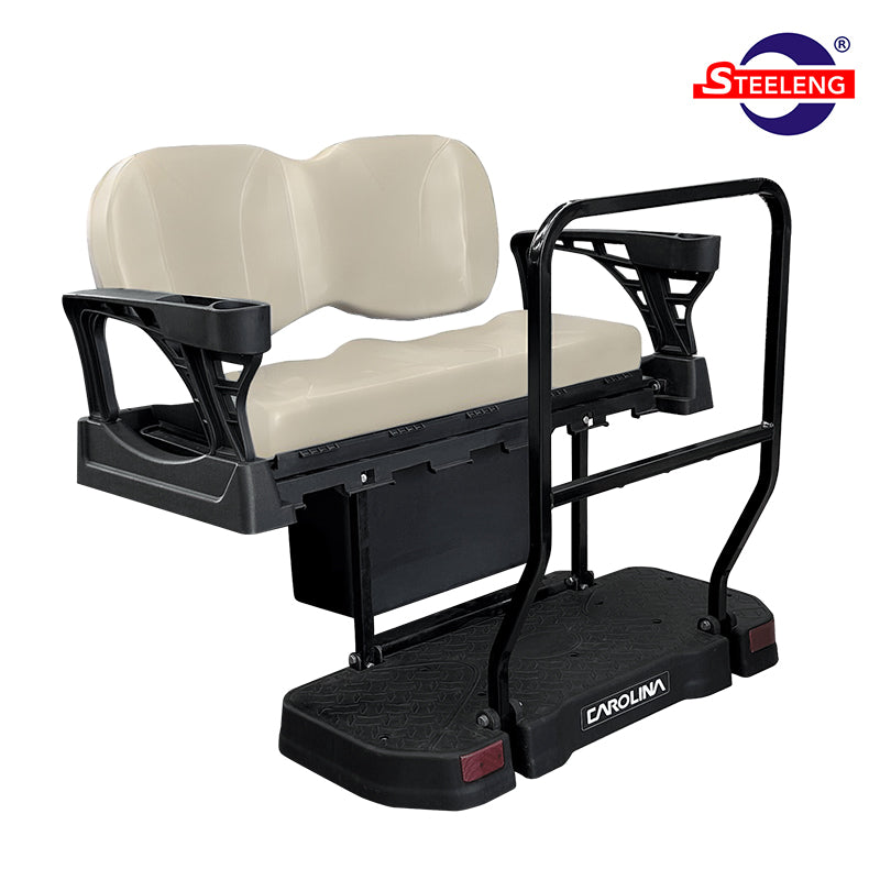 SGC Carolina premium composite rear flip seat kit designed for Club Car DS and Precedent/Tempo/Onward model golf carts with OEM Buff colored cushions, including folding seat, large rear grab bar, and free shipping, sold by Salt City Golf Cart.