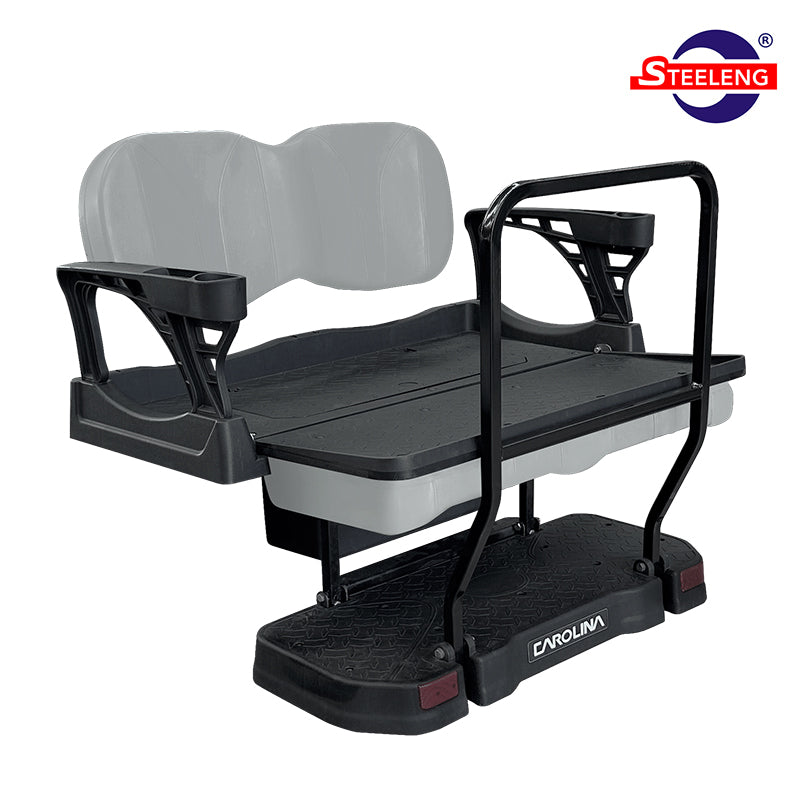 SGC Carolina premium composite rear flip seat kit folded down into cargo bed designed for Club Car Onward/Tempo/Precedent model golf carts with OEM Dove Gray colored cushions, including folding seat, large rear grab bar, and free shipping, sold by Salt City Golf Cart.