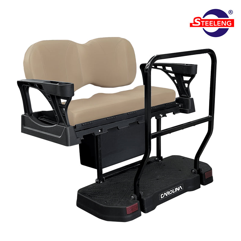 SGC Carolina premium composite rear flip seat kit designed for EZGO TXT model golf carts with tan colored cushions, including folding seat, large rear grab bar, and free shipping, sold by Salt City Golf Cart.