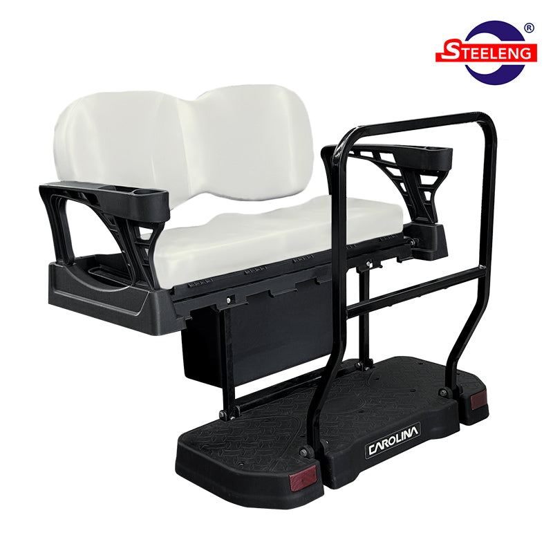 SGC Carolina premium composite rear flip seat kit designed for Yamaha, EZGO, and Club Car golf carts with white colored cushions, including folding seat, large rear grab bar, and free shipping, sold by Salt City Golf Cart.