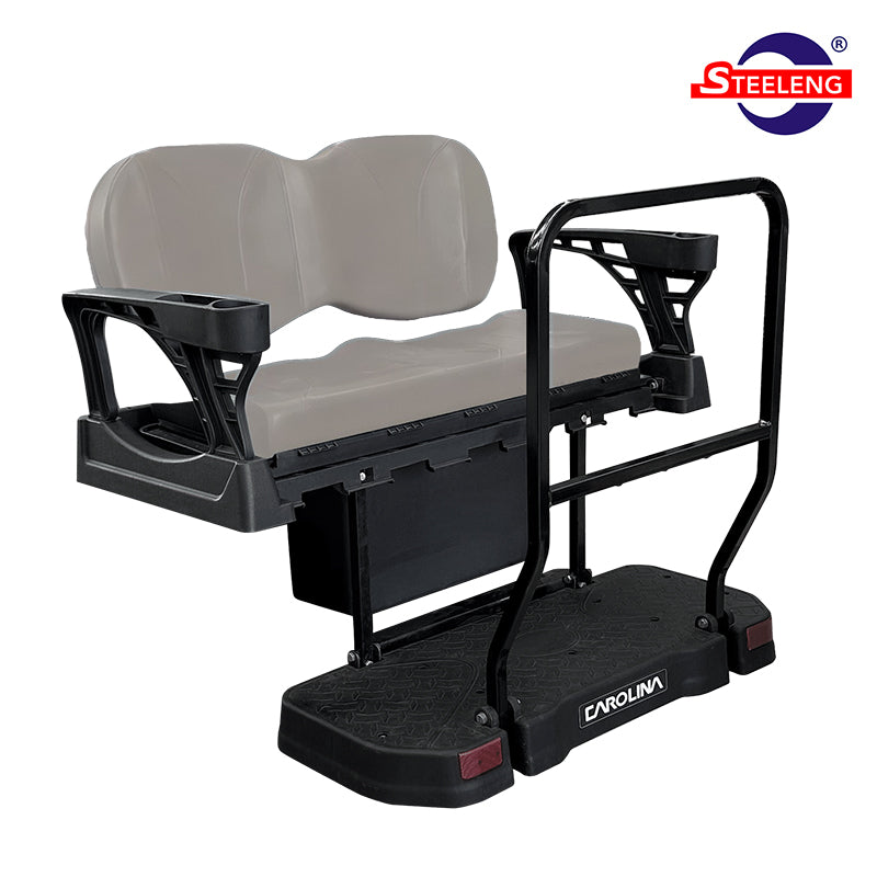 SGC Carolina premium composite rear flip seat kit designed for Yamaha Drive G29 model golf carts with OEM Gray / Stone colored cushions, including folding seat, large rear grab bar, and free shipping, sold by Salt City Golf Cart.