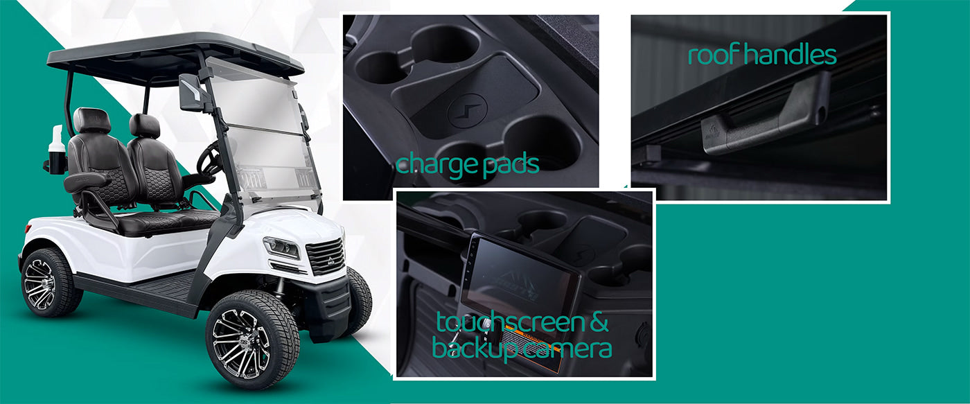 Feature banner photo displaying the new Sierra LSV features such as wireless phone / device charge pad, touchscreen with backup camera, and integrated roof handles.