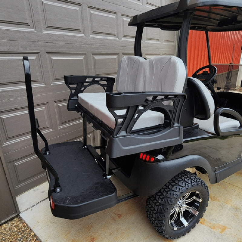 Steeleng Carolina premium rear seat kit installed on black Club Car Precedent golf cart with Dove Gray matching cushions, sold by Salt City Golf Cart in Hutchinson, Kansas.