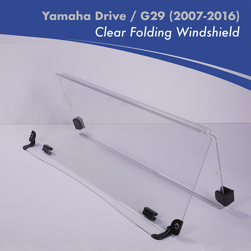 Clear folding acrylic golf cart windshield designed for the Yamaha Drive G29 models, gas or electric, model years 2007 through 2016.