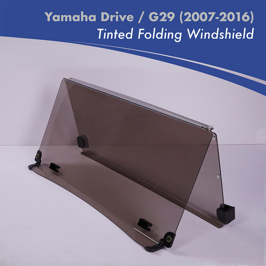 Folding tinted acrylic golf cart windshield designed for the Yamaha Drive G29 models, gas or electric, model years 2007 through 2016.