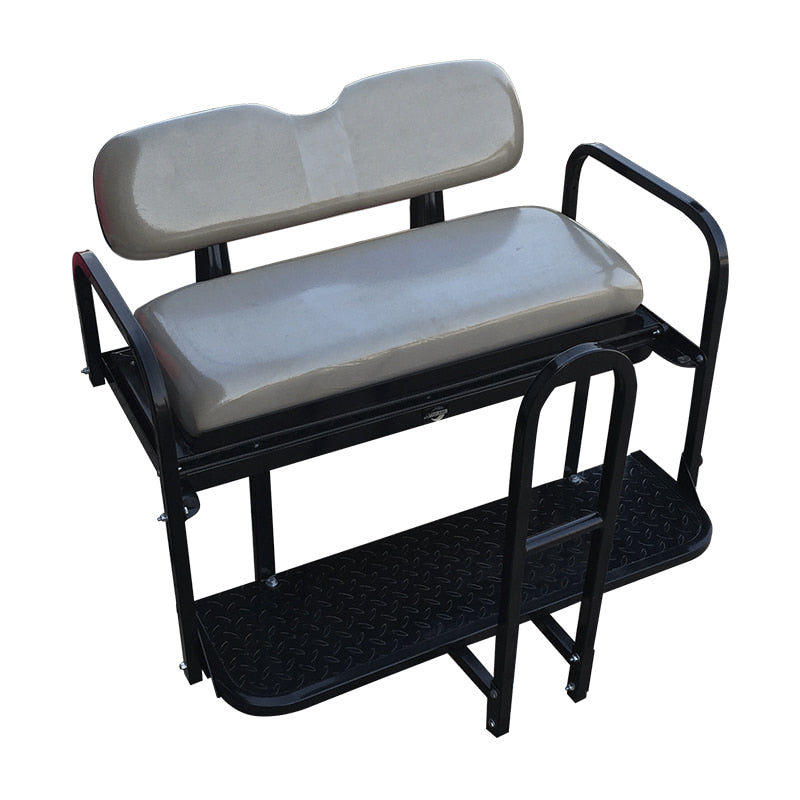 Yamaha Drive G29 golf cart rear flip seat kit for sale with OEM gray/sandstone color cushions and including free grab bar.