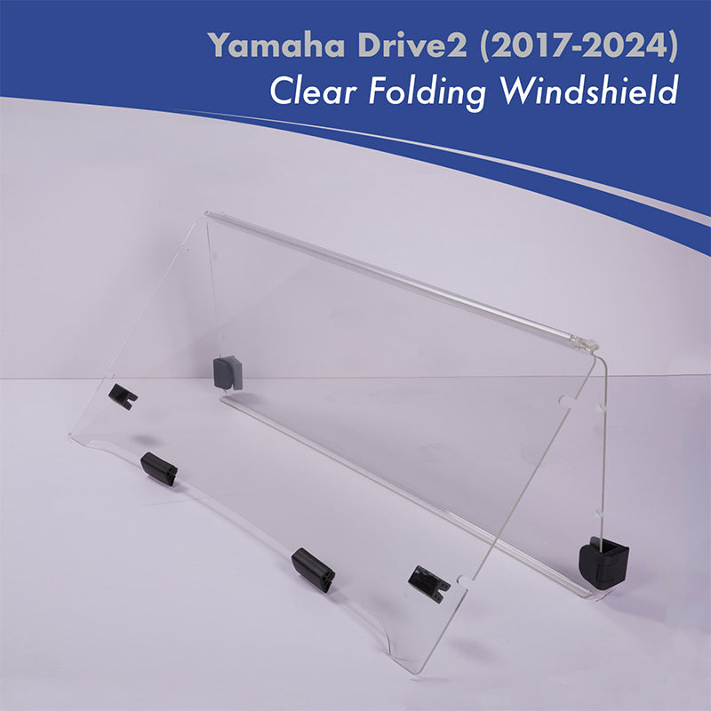 Clear folding acrylic golf cart windshield designed for the Yamaha Drive2 models, gas or electric, model years 2017 through 2024.