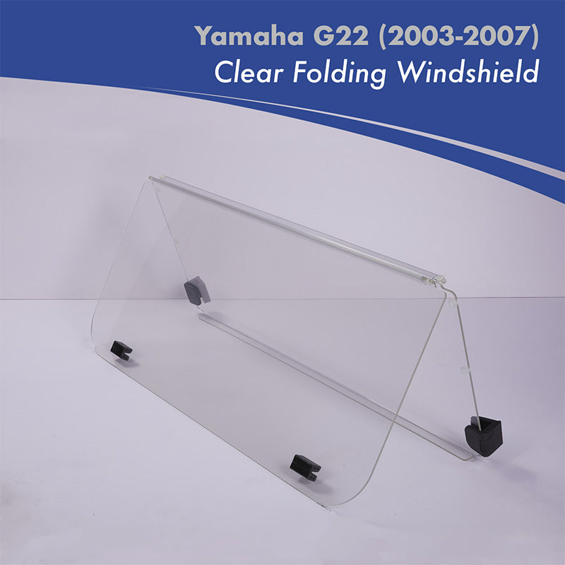 Clear folding acrylic golf cart windshield designed for the Yamaha G22 models, gas or electric, model years 2003 through 2007, for sale by Salt City Golf Cart in Hutchinson, Kansas, free shipping.