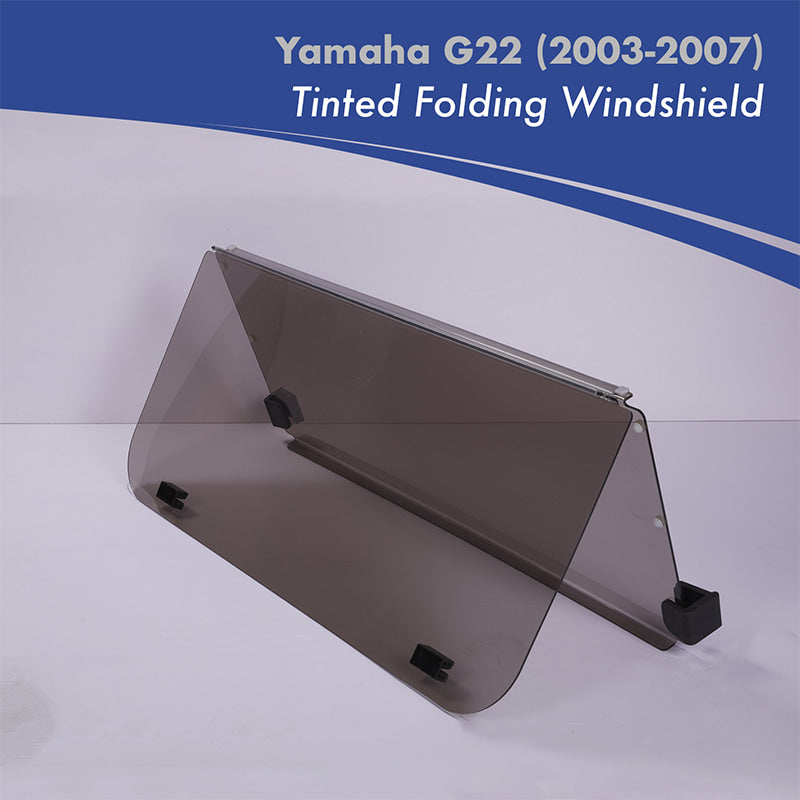 Tinted folding acrylic golf cart windshield designed for the Yamaha G22 models, gas or electric, model years 2003 through 2007, for sale by Salt City Golf Cart in Hutchinson, Kansas, free shipping.