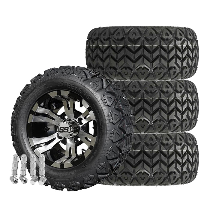 Add style and upgrade your LSV or golf cart with custom aluminum golf cart wheels and tires combos near Hutchinson, Kansas, available in 10", 12", 14", and 15" wheel sizes and street, turf, and off-road all-terrain tire options.