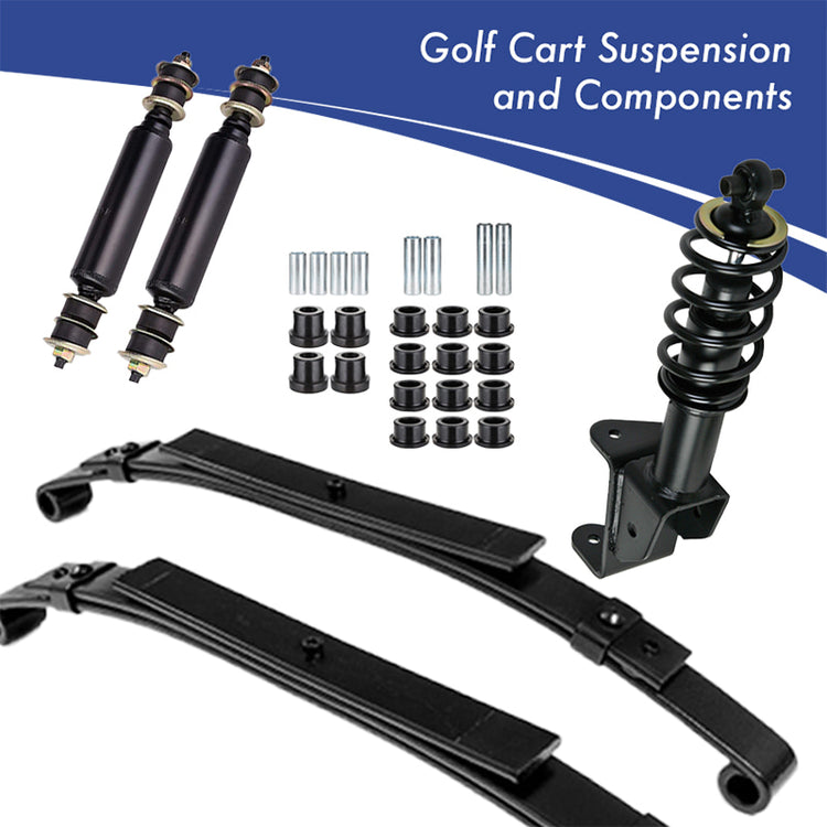 Replacement shocks, struts, leaf springs, bushings and sleeves for Club Car, EZGO, and Yamaha golf cart worn out suspensions.