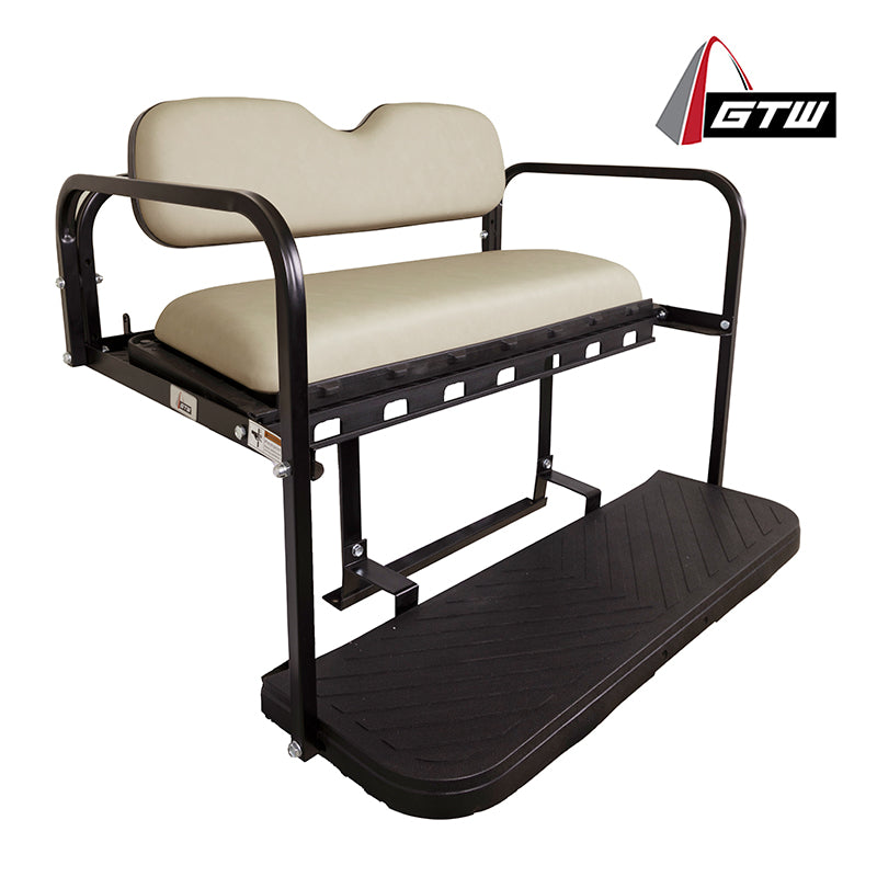 GTW Mach3 rear flip seat for EZ-GO RXV model golf carts, gas and electric, with OEM Stone color cushions made from marine grade vinyl to prevent mildew and discoloration, and also featuring heavy duty strong mounting brackets and composite cargo tray and footplate, offered with free shipping.