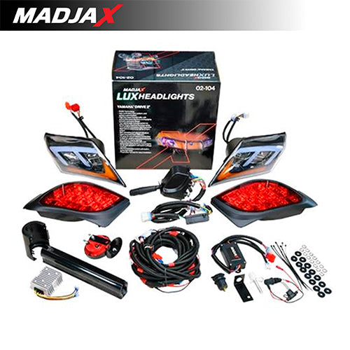 Deluxe street legal LUX light kit designed for Yamaha Drive2 gas and electric golf carts, using RGB LED technology with smartphone app control and horn, turn signals, brake lights, by MadJax.