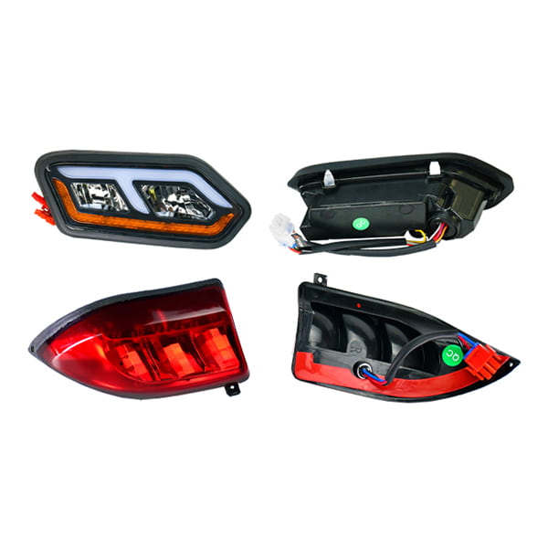 View of the front side and rear side of the Club Car Tempo LUX LED RGB golf cart headlight and tail light assemblies by MadJax.