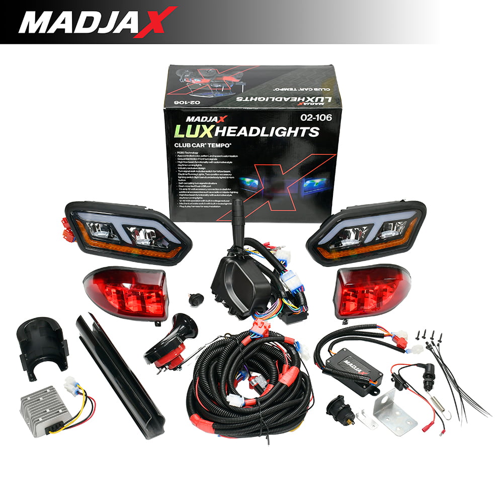 Deluxe street legal LED RGB Club Car Tempo light kit by MadJax, LUX model includes turn signals, brake lights, horn, and daytime running lights with built-in voltage reducer for gas or electric golf cart models.