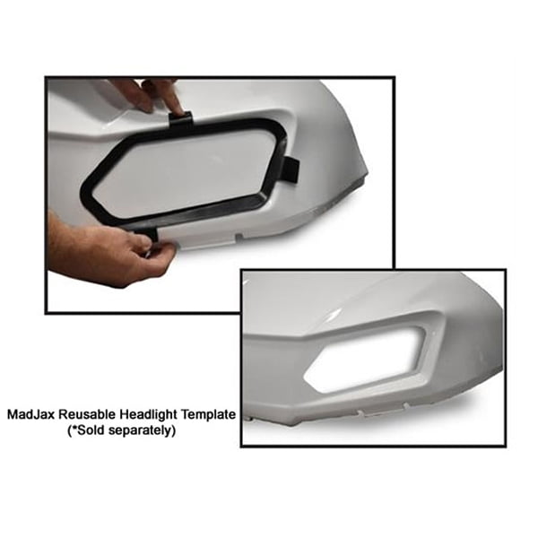 Optional reusable plastic headlight cutout template available for additional charge, designed for Club Car Tempo Madjax headlight assembly cutouts.