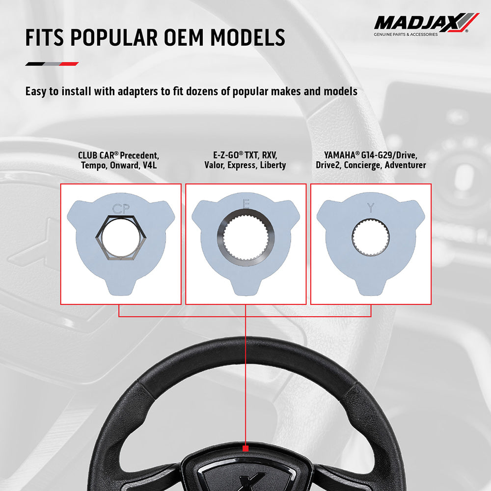 Illustration showing the 3 different styles of universal steering wheel shaft adapters for popular Club Car, EZ-GO, and Yamaha golf cart models.