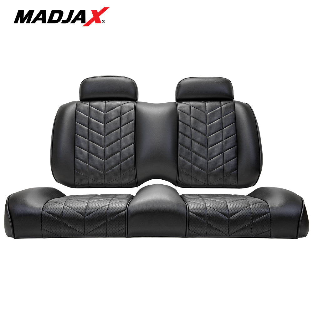 Madjax Aviator golf cart front seat cushion assembly in black color finish, featuring heated and cooled technology, designed for EZGO TXT and RXV models, offered with free shipping, Item #10-633.