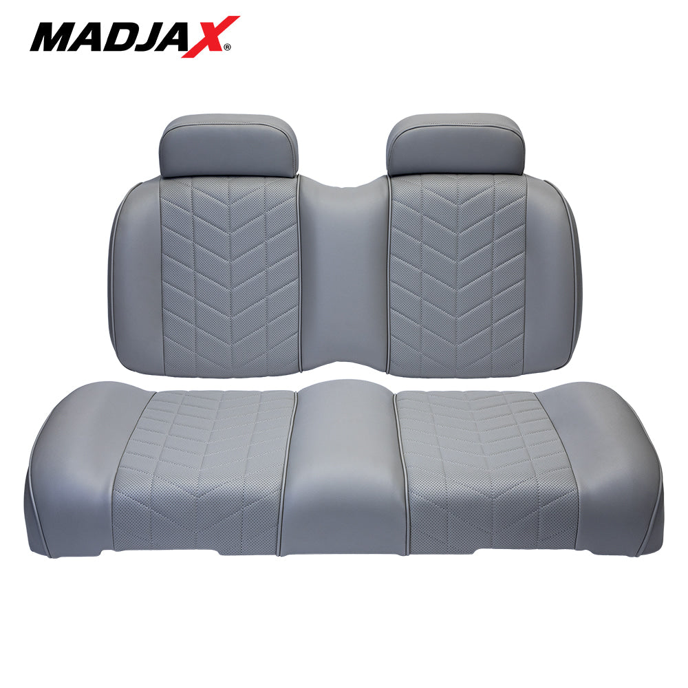 Madjax Aviator golf cart front seat cushion assembly in graphite gray color finish, featuring heated and cooled technology, designed for EZGO TXT and RXV models, offered with free shipping, Item #10-634.