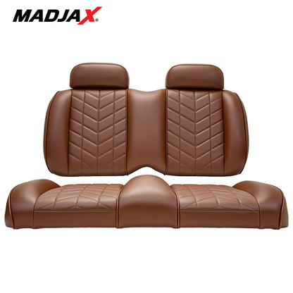 Madjax Aviator golf cart front seat cushion assembly in coffee color finish, featuring heated and cooled technology, designed for EZGO TXT and RXV models, offered with free shipping, Item #10-635.