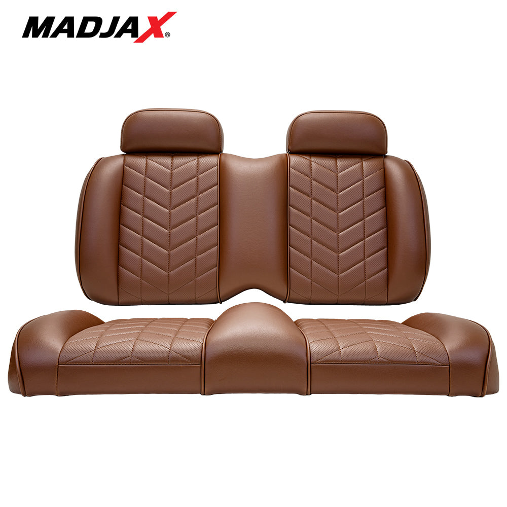 Madjax Aviator golf cart front seat cushion assembly in coffee color finish, featuring custom stitched marine grade vinyl design with IP65 rating, designed for Yamaha G29 Drive, Drive2, ICON i20, i40 models, offered with free shipping, Item #10-641.