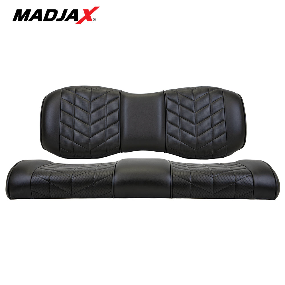 Madjax Aviator golf cart rear flip seat cushion assembly in black color finish, featuring custom stitched marine grade vinyl design with IP65 rating, designed for Genesis 250 and 300 model rear flip seats, matching front seats available, offered with free shipping, Item #10-643.