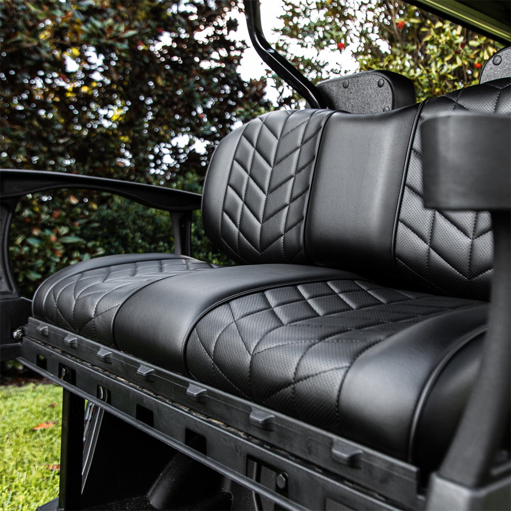 Installed view of the premium Genesis 250/300 Aviator rear flip seat cushion set in black color, matching front seats available, offered with free shipping, Item #10-643.