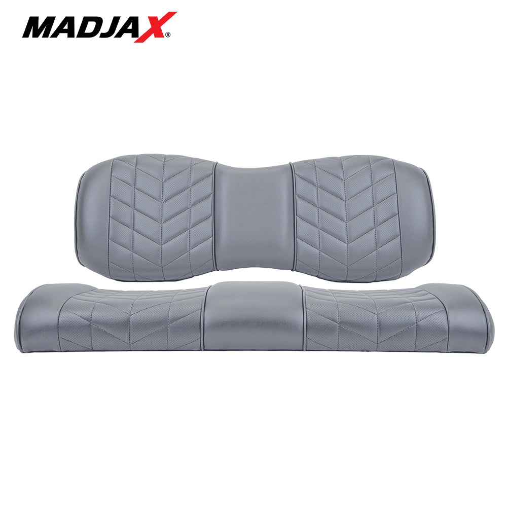 Madjax Aviator golf cart rear flip seat cushion assembly in graphite gray color finish, featuring custom stitched marine grade vinyl design with IP65 rating, designed for Genesis 250 and 300 model rear flip seats, matching front seats available, offered with free shipping, Item #10-644.