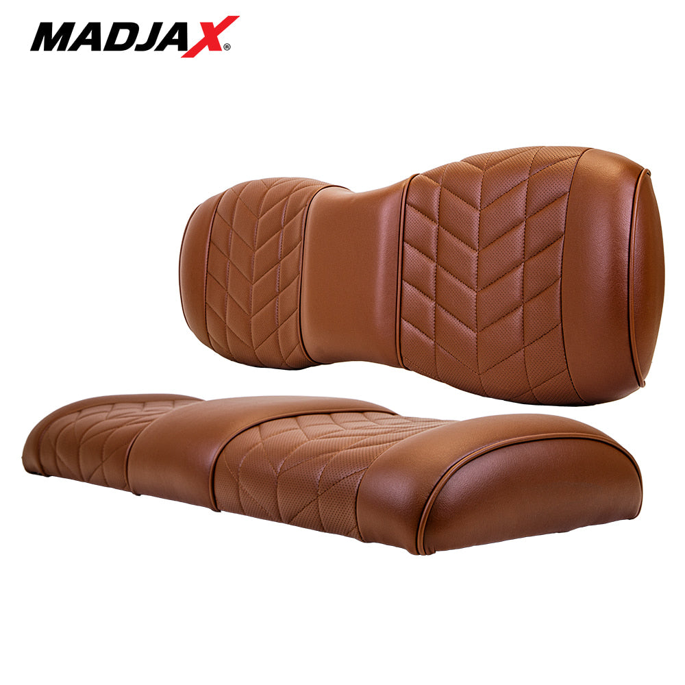 Madjax Aviator golf cart rear flip seat cushion assembly in coffee color finish, featuring custom stitched marine grade vinyl design with IP65 rating, designed for Genesis 250 and 300 model rear flip seats, matching front seats available, offered with free shipping, Item #10-645.