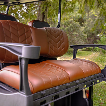 Installed view of the premium Genesis 250/300 Aviator rear flip seat cushion set in coffee brown color, matching front seats available, offered with free shipping, Item #10-645.